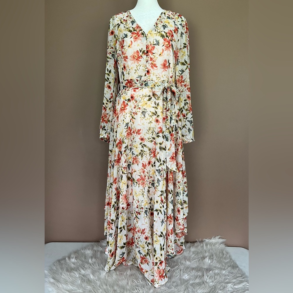 {Express} Floral Tie Waist Long Sleeve Midi Dress with Handkerchief Hem - Small
